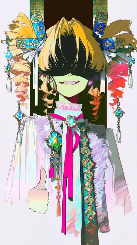 masterpiece, newest,absurdres,incrediblvy absurdres, best quality, amazing quality, very aesthetic, anime style,
1girl,  blonde hair, braided hair, twin drills, ribbon-wrapped strands, hair loops, decorative pins with gemstones, cascading curls, layered volume, envy,  upper body, thumbs up, front view,
 <lora:Face_Enhancer_Illustrious:0.5> <lora:Anime_artist_illustrious_r1:1> Anime-art, Art8st <lora:4kiak4ne:1> 4ki4k4ne_illu <lora:0__11Xx:1> 0__11Xx_illu