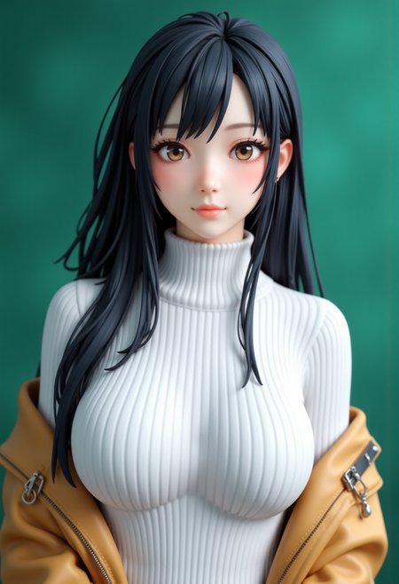 Headshots,masterpiece, a beautiful woman,Hyperrealistic, she is smiling, dynamic angles, multiple angles, photoshoot poses; A photo of Gussuma_Yukinoshita_Yukino-000001, a woman with dark hair, she has massive breasts, a beautiful girl,she is wearing a white turtleneck sweater.she has massive breasts, she has piercing eyes. a dynamic pose and a sense of action. simple green background, and the lighting is soft, creating a dramatic effect, creating a focused and dynamic pose.; the scene is set in a beautiful well-lit environment, with a sense of action and adventure. Style: realistic hyper-detailed rendering, 32k UHD, expressive eyes, punk, graphic design, girl's face, pretty and cute, gleaming lips, telling a tale of adventure. Exuding confidence and serenity. The overall mood of the image is happy and relaxed, detailed skin texture,(blush:0.2),(goosebumps:0.3), subsurface scattering,with a playful and whimsical tone,perfect hand, hand, detailed hand,niji style,retro50s_style,