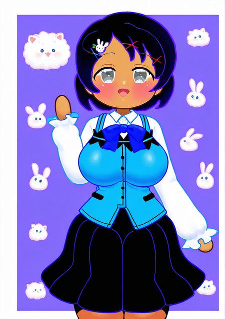 <lora:Pangotime:1.4>.1girl,huge breasts, , :d, black hair, black skirt, blue bow, blue vest, blush, border, bow, character hair ornament, collared shirt, cosplay, grey eyes, hair ornament, hairclip, hand up, kafuu chino (cosplay), long sleeves, looking at viewer, open mouth, parted bangs, pleated skirt, puffy long sleeves, puffy sleeves, rabbit background, rabbit house uniform, shirt, skirt, sleeves past wrists, smile, solo, uniform, vest, waitress, white border, white shirt, x hair ornament,  kafuu chino, sasaki chie, tippy (gochiusa),