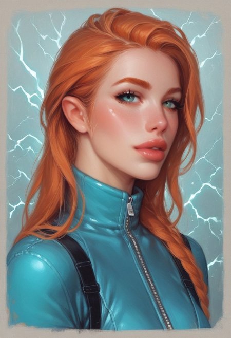 (((side view, dynamic angle))),
comic style, looking at viewer, highly detailed, source_comic_illustration, from front, 1girl, illustration, comic style, looking at viewer, highly detailed, source_comic_illustrationskinny, looking at viewer, 1girl, masterpiece, best quality, cowboy shot, girl, realistic drawing, anime, by Sam Yang, sharp highly detailed 2d illustration, comic art, (hyperrealism, soft light, sharp), 
BREAK
(((Lyra's iridescent jumpsuit shimmers like a moonlit lake, with neon pink and electric blue accents. Her ginger hair crackles with electricity, styled in loose waves. Eyes burn like hot coals in fiery red and orange))),
((((full-clothed)))), ((cute face)), (((young beauty face)))
BREAK 
((strange world background)) score_9, score_8_up, score_7_up, score_6_up, source_cartoon, rating_explicit, Expressiveh, (((((upper body))))), dynamic pose