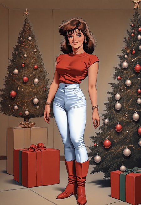 safe_pos, masterpiece, absurdres, best quality, Christmas Aesthetic, 1girl, solo, christmas, christmas tree, jewelry, gift, white pants, pants, earrings, bracelet, red footwear, box, smile, boots, breasts, retro artstyle, shirt, indoors, gift box, brown hair, christmas lights, christmas ornaments