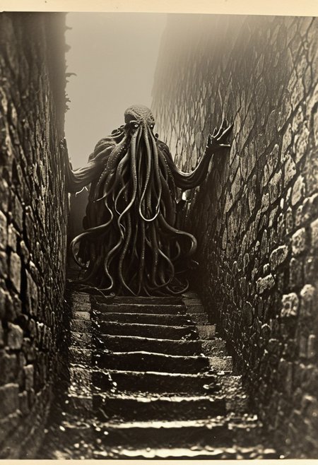 antique photo, eerie atmosphere, creepy, descent into madness, cthulhu, horror, lovecraft