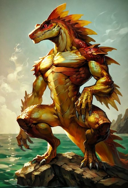 score_9, score_8_up, score_7_up, score_6_up, solo, sea, manga style, front angle, hand, squatting, spread leg, (gaze away, looking away), (lizardman, scalie, male salamander, spiked head, yellow scales, red stomach:1.2, red eyes, glow eyes, no sclera, slit pupils), (tip Thin red), strong body, sharp fang, sharp claw, crest
fin,