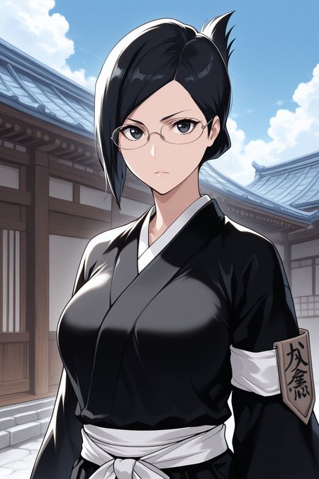 masterpiece, best quality, 1girl, solo,  <lora:isenanao-illu-nvwls-v1-000005:1> blIse, black hair, folded ponytail, short hair, black eyes, glasses, black kimono, black hakama, white sash, tabi, armband, arm badge, upper body, looking at viewer, blue sky, east asian architecture, clouds, breasts, facing viewer, portrait