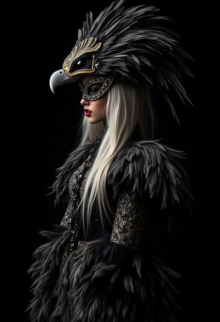 japanese supermodel, long platinum hair, dark eyeshadow, red lips, wearing a masquerade costume, with a hat fashioned out of feathers to resemble an eagle's head, and a feathered dress, dark background, silhouetted, chiascuro, midjourney_whisper_avant_couture