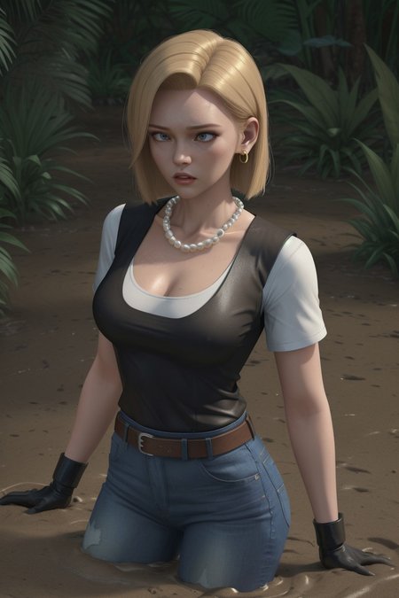 Masterpiece, best quality, shiny skin, 1girl, medium breasts, waist-deep, rainforest, clearing, tropical plants, 3d animation, cgi, from above, looking at the viewer, scared, :o,  partially submerged, sinking in quicksand, brown mud, and18, 1girl, android 18, solo, blonde hair, blue eyes, belt, jeans, pearl_necklace, bracelet, black gloves, white shirt, short hair, short sleeves, earrings, blue pants, open vest, black vest, large breasts