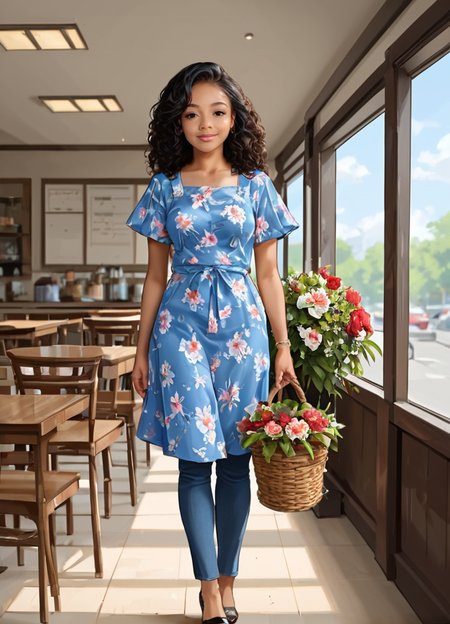 score_9, score_8_up, score_7_up, score_6_up, photo of <lora:Skai_Jackson_pony:1>, skaijackson ,  is a (charming florist) (20yo  young black woman:1.47) , wearing a blue striped shirt, casual pants, flats with floral patterns, apron with floral prints,carrying a flower bouquet, seated at a café, legs crossed, set in studio, Floral Design Area, large table with flower arranging tools, shelves with floral supplies, a comfortable chair for working, a bulletin board with design inspirations, soft lighting ,   happy,  chestnut brown vintage curls hairstyle, 1 women, solo, perfect human anatomy, perfecteyes, black eyes,   slim thick thighs  ((medium perky breasts covered)) <lora:add-detail-xl:.75> <lora:SexyConiAI:.2> <lora:ah:.4>  <lora:Expressive_H:1>