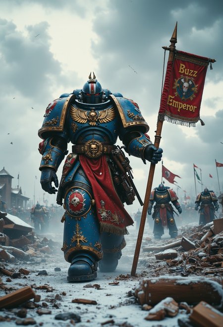 cinematic film still, low angle, ground up view, UltraM40k walking dramatically towards camera on a snowy battlefield, clad in intricate power armor. In his right hand, he holds a large banner that says “Buzz for the Emperor”. The background features a tumultuous sky with swirling clouds and a debris-covered ground, hinting at a recent battle. Other knights and soldiers are visible in the chaotic scene, with rich, vibrant colors and meticulous textures throughout, shallow depth of field, highly detailed, bokeh, moody, epic, gorgeous, film grain, grainy