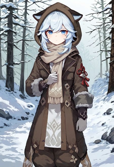 Score_9, score_8_up, score_7_up, Genshin Impact Style, source_anime, snow, ice forest, 1girl, solo, 
White hair, tattered fur hood over hair, grey fur hood, tattered fur snow coat, pale blue eyes, standing, facing viewer, staring at viewer, tattered brown cloth around chest, white cloth around chest, white ragged cloth, white ragged scarf, white snow gloves, grey fur boots, dark grey pants, snow boots, black snow boots