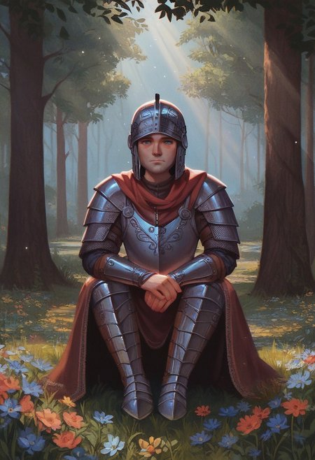 score_9, score_8_up, score_7_up, score_6_up, VitWaterStyle, 1boy, fat, full armor, sitting on the ground, helmet on, medieval armor, arms resting on knees, bowed head, contemplative pose, forest background, daytime scene, sun rays filtering through trees, flowers in the foreground, light tones, peaceful atmosphere, solitude, detailed, shaded