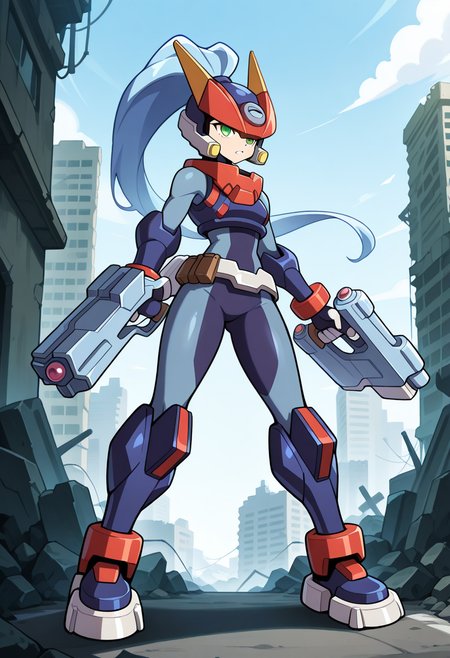 1girl, solo, modelamegarockonmerge, blue hair, long hair, high ponytail, green eyes, helmet, hair through headwear, armor, spandex, metal belt, gauntlets, armored boots, outdoors, ruined city, ruins, streetn, holding handgun, handgun, dual wielding, serious, teeth, parted lips, full body, legs apart,