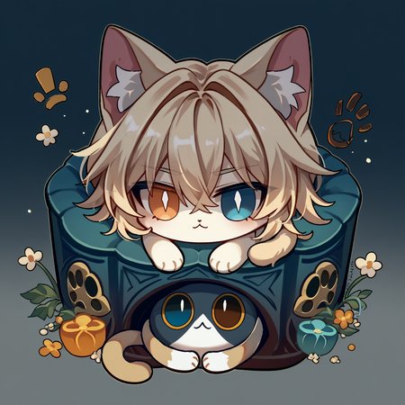 score_9, score_8_up,  <lora:critterPickHonkaiStar_v10:1> hcrpick, animal, no humans, chibi, blue eyes, heterochromia, orange eyes, light blue eyes, cat ears, cat tail