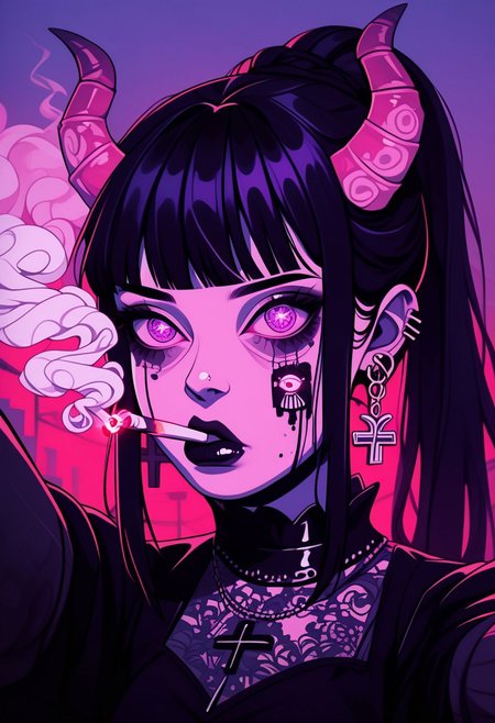 score_9, score_8_up, score_7_up, score_6_up,1girl
hinata hyuga,  black hair, long hair, fringe cut, ponytail hairstyle, purple eyes, soni horn, link horns,
pastel paint, vamp style, taking a selfie, detailed, near to the sea, up a bridge, goth clothes, goth dress, cross earrings, fangs, jewel eyes,cold tones,
goth core, vamp goth, goth style, black dress, lollita dress, smoking a cigarette, cigarette in mouth, melting, vapor, smoke, glitch, horror (theme), glowing, zPDXL2, smoke from eyes, red smoke, horror in the smoke, evil faces, horror,
 standing,  detailed eyes, beautyfull face, 
outdoor,