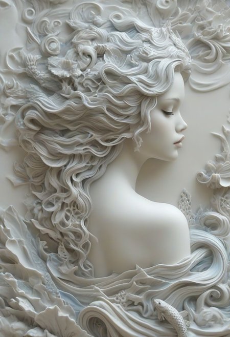 (best quality), (highly detailed), (masterpiece), (ultra-detailed), 8k, photo realistic, RAW photo, a beautyfull mermaid tattoo Relief on the back of a woman comes to life, blue and white hair, long hair, (close up on the back of a young woman), close shot, highly structured