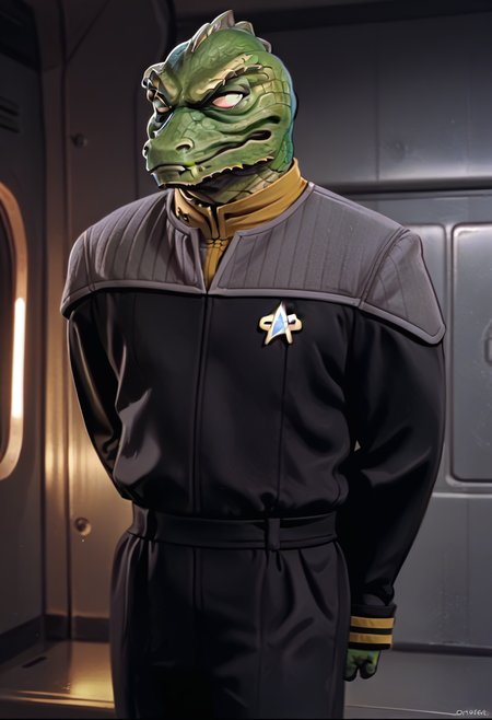 score_8_up, source_anime, solo, 1boy,  gorn, gorn male, (blank eyes), scales, green skin, starship interior, hands behind back, closed mouth, portrait, [smile], raised eyebrow, fang, 
ds9st,black and grey star trek uniform,grey shoulders,yellow neck,yellow strip at wrist,black jumpsuit,long black sleeves,black pants
 <lora:Gorn_-_Star_Trek_SDXLPony:0.8>  <lora:ponyDS9:1>