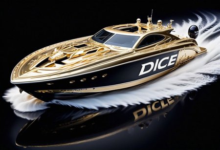 GOLD LIQUID METAL offshore powerboat, racing through (SILVER LIQUID METAL), SILVER LIQUID METAL sprays up the sides of the boat, in a solid black background, along the side of the boat is the word "DICE"