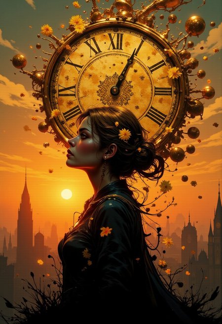 DGC style digital illustration, Magic style,
Close-up.photorealistic art, abstract contemporary theme, silhouette of a beautiful woman among golden clock fragments against a vibrant sunset, interplay of dynamic geometry and the calm of evening, realistic depiction of a shining sky intermingling with bold abstract forms, golden hues of the setting sun merging with splashes of geometric color, mournful theme illuminated by soft, fading light, shadows lengthening in dance with abstract forms, the stark reality of the woman's silhouette harmonizing with the surrealism of fragments of time, a visual symphony of the end of the day and emotional depth, combining the stark clarity of a photograph with the fluidity of contemporary art, evoking both the loss and beauty of the moment, capturing the ephemerality of time in the glow of twilight, a masterpiece at the intersection of realism and abstraction.
