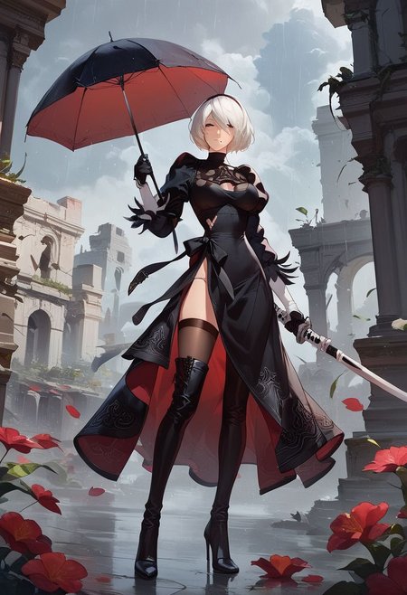 2b,(nier automata), score_9, score_8_up, score_7_up, 1girl, source_anime, 
expressiveh
Wearing a black leather coat with a black shirt with a black tie and black dress trousers and heels,holding an black umbrella,holding her sword in the other hand,standing in a rainy destroyed city,ruins filled with plants
