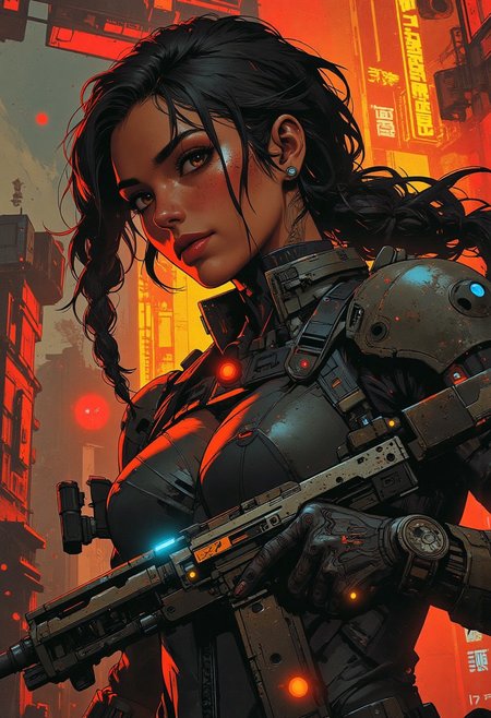 magnificent, closeup portrait, female bounty hunter, braided black hair, two tone hair, highlights in hair, futuristic armor, sci-fi, sleek armored bodysuit, shoulder plates, hip plates, sexy, curvy, large breasts, large ass, rifle, aiming rifle, pointing rifle, Cyberpunk City, Neon Lights, foreshortening,
looking at viewer, solo, smirk, cocky smirk, godrays, raytracing, 
Cowboy Shot, close up, from above,
