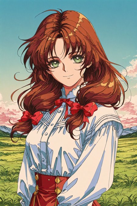 Rin Sin Style,Mew,1girl,solo,green eyes,brown hair,ribbon,long hair,outdoors,long sleeves,smile,day,upper body,looking at viewer,retro artstyle,sky,wind,hair ribbon,twintails,grass,bow,hair bow,1990s \(style\),
<lora:Words Worth_Lite_illustriousXL:0.6>,
<lora:nest virgo_illustriousXL:1.5>,