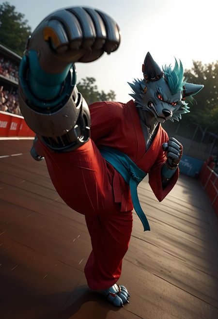 (((Barefoot furry character, full body, cinematic setting, furry male, plantigrade))) 
(((Gilliam))), wolf boy, ((red kimono and pants, training kung-fu on outdoors training ground, fighting stance, dynamic pose, perform side kick)), three toes, claws, pawpad, determined look
BREAK
(((gilliam wolf, evil eye, sharp, red fluff tail, cyan hair, robot, cybernetic wolf, metallic))), (((kicking, kicking at viewer, stands on one feet))), ((nice robotic feet paws)), 
BREAK, intricate details, highly detailed, extreme detail, octane render, fine art, best quality, highres, (detailed face:1.5), ((full_body)), UHD, (((perfect hands))), low light