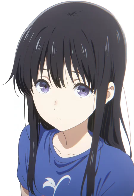 <lora:CUeno:1>
absurdres, high quality, masterpiece, very awa, anime screencap, 8k, absurd res
1girl, cueno, long hair, black hair, purple eyes,  detailed face,
portrait, expressionless,   blue t-shirt, looking at viewer, white background,   from above,