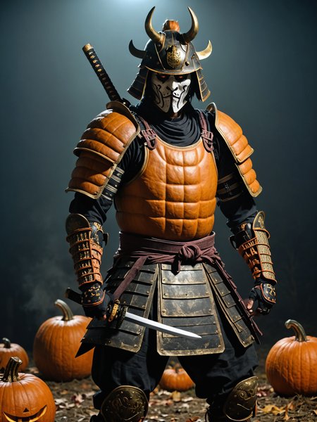 (wide angle photography:1.2), (whole body:1.5), shot, (full body photo:1.1), realistic analog photo, night time, midnight, dark, darkness, ghost vibes,
zombi samurai in the armor, zombi face with decaying skin, (dark shot:1.17), epic realistic, faded, ((neutral colors)), art, (hdr:1.5), (muted colors:1.2), hyperdetailed, (artstation:1.5), cinematic, warm lights, dramatic light, (intricate details:1.1), complex background, (rutkowski:0.8), (teal and orange:0.4),((full body:1.9)), by Blizzard entertainment, (massive armor) with pumpkin symbols on plates, big armor, (large samurai armor:1.9), wearing pumpkin samurai helmet, low light, facing camera, big muscles, muscled body, badass, badass style, steam punk, lot of details, detailed armor, large shoulders, large arms, large, limbs, half side portrait, ((dark background)), (night time), dark shadow, katana on his back, yoroi armor, pumpkins in background, halloween
, (mysterious atmosphere:1.1), (low luminosity:1.2), in the dark, obscurity, (mist:1.3),
, realistic, depth of field, highres, 4k, 8k, intricate detail, amazing quality, wallpaper, <lora:RMSDXL_Enhance:1>, <lora:perfect-eyes:0.8>, realistic skin texture, detailed skin pores, skin hair, skin looks real, hi rez skin details