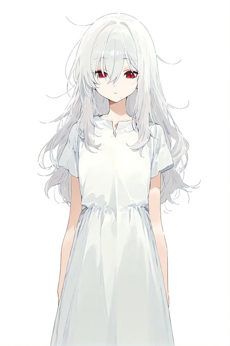 1girl, nai3-style1, solo, white hair, long hair, messy hair, red eyes, hair between eyes, expressionless, closed mouth, white dress, long dress, short sleeves, standing, peace sign, cowboy shot, simple background, white background, sensitive, masterpiece, best quality, good quality, newest <lora:artstyle-nai3-style1_illustrious01-GLAZED:0.9>