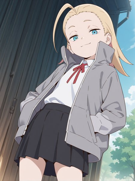 (masterpiece:1.4), (best quality:1.4),  very aesthetic, newest,best quality, amazing quality, very aesthetic, absurdres,
 1girl,jobko, blue eyes,  blonde hair,  long hair, forehead,antenna hair,medium hair, 
, jacket, black skirt,miniskirt, grey jacket, open jacket,long sleeves, high collar,
white shirt,neck ribbon,red ribbon
, eyebrows,  <lora:jobko:1>
standing,outdoor,
looking at viewer,looking down,smug,smile
hands in pocket,