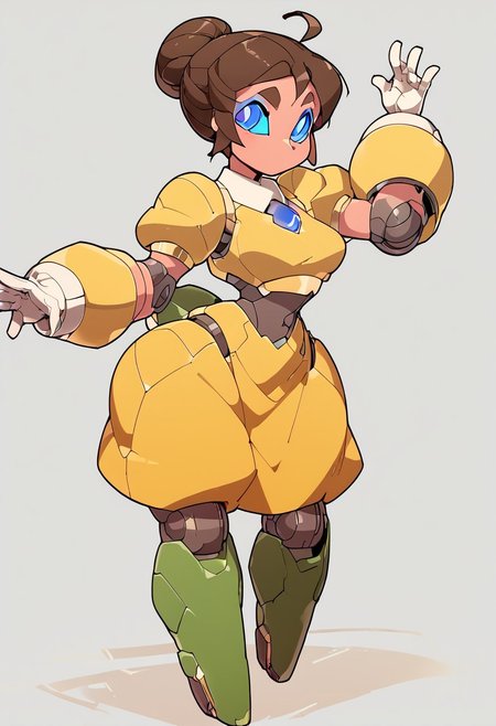 score_9,score_8_up,score_7_up,score_6_up, solo, 1girl, ahoge, JanePorterXLP, hair bun, colored skin, light blue skin, thick eyebrows, colored sclera, yellow eyes, short tail, medium breast, wide hips, thick thighs, puffy sleeves, yellow dress, white gloves, hair bun, robot, mecha, simple background, no humans, blue eyes, humanoid robot, standing, robot joints, no mouth,