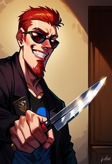 score_9,score_8_up,score_7_up, 1boy, solo,  sulfs-p2d00d, red hair, sunglasses, coat, black shirt, pants, front view, blue print,
indoors, evil smile, goatee, beard, teeth,
<lora:Postal_Dude_Clothings__Character_Postal_2:0.8>,  <lora:HoldingKnife_Pony_V1.0:1> holdkknife, upper body,holding,holding knife,kitchen knife,  <lora:Artist_Style_-_Evul:0.8> evul-dh
