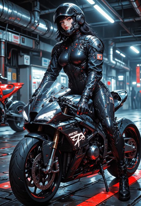 Futuristic girl racer in cyberpunk costume sitting on a high-tech sportsbike. Detailed mecha design with metallic elements, aggressive lines of the motorcycle. Anime realism, complex lighting with metallic highlights. Cyberpunk atmosphere with dynamic perspective