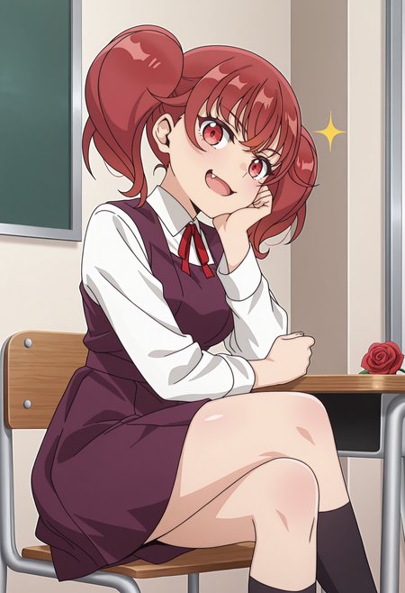 highres, best quality, masterpiece, indoors, school,
anime screencap,
1girl, solo, edmfkoma, twintails, red hair, red eyes,
school uniform, collared shirt, white shirt, red ribbon, long sleeves, brown dress, purple dress, pinafore dress, black socks,
looking at viewer, head tilt,
sitting, crossed legs, socks, open mouth, fang, smug, chin rest, sparkle, red rose, from side,
<lora:_koma_otaku_elf-elesico-ilxl:1>