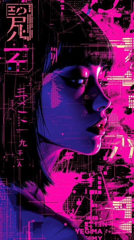 Rendered in bold, expressive pop-art style with abstract overlays, double exposure and halftone texturing, this side portrait captures a young Japanese woman in profile—her face half-shadowed, straight-cut hair luminous under streaks of simulated chrome and fuchsia neon. Her averted gaze and seductive expression pulse with a sultry, melancholic charge, while her eyelids are heavy with matte obsidian eyeshadow. The background melts into a hyper-stylized cyberspace collage: digitized kanji, shattered LED screens, and amorphous bursts of fluorescent ink swirling through a void of black glass. Inspired by Roy Lichtenstein and modern glitch aesthetics, the composition plays with erotic abstraction—fluid lines, skin-toned gradients, and warped reflections intertwine in a fusion of sensuality and surrealism