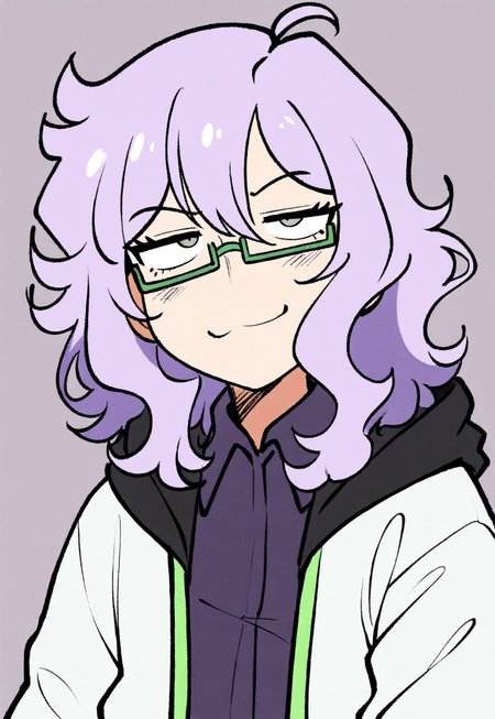 high resolution, solo, dynamic pose, smug, medium hair, wavy hair, purple hair, green glasses, collared shirt, hoodie, masterpiece, best quality, amazing quality, ahoge, open jacket, white sleeves, 1boy, gray eyes, sanpaku, portrait