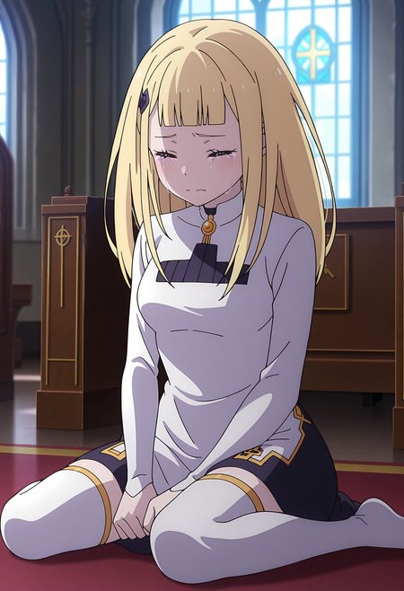 anime screencap, masterpiece, best quality,
<lora:ReZero_Sylphy_IlluXL:0.9>,
1girl, solo, crying, tears, closed eyes, 
blunt bangs, long hair, blonde hair, blue eyes, hairclip,
collared dress, brooch, short dress, multicolored dress, white dress, black dress, long sleeves, white thighhighs,
wariza,
indoors, church, window, photo background, blurry background