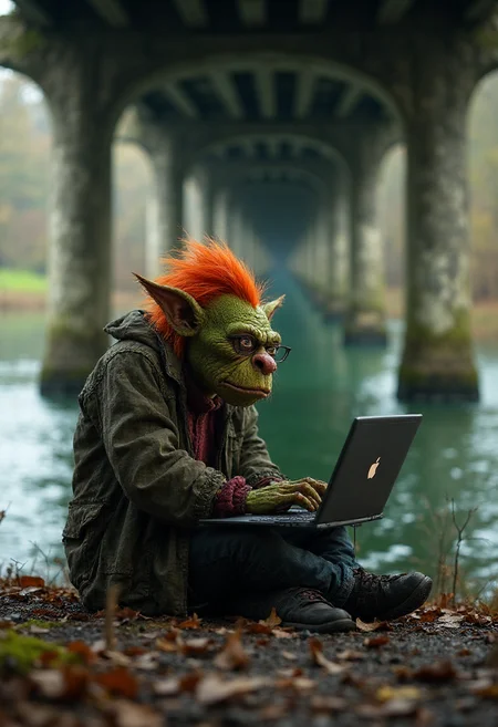 A troll sitting under a bridge typing on his laptop, Vibrant, sharp, extreme details, 8k