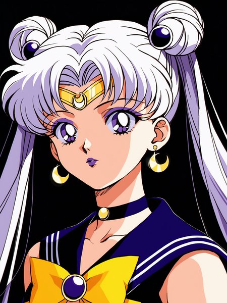 1990s (style), anime coloring, sm90s, 1girl,  solo,  long hair,  looking at viewer,  bangs,  shirt,  hair ornament,  bow,  twintails,  jewelry,  purple eyes,  upper body,  white hair,  earrings,  parted lips,  sleeveless,  choker,  bowtie,  sailor collar,  hair bun,  from side,  parted bangs,  black shirt,  eyelashes,  sleeveless shirt,  double bun,  makeup,  lipstick,  crescent,  black background,  tassel,  yellow bow,  eyeshadow,  circlet,  forehead mark,  alternate eye color,  alternate hair color,  star earrings,  dark persona,  sailor senshi uniform,  purple lips,  crescent earrings,  crescent facial mark,  indoors, retro art style, retro anime, BREAK PonyXLV6_Scores , <lora:SM90sPDXL_r1:0.8>