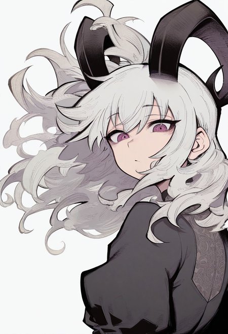 masterpiece, best quality, very aesthetic, high resolution, ultra-detailed, absurdres, newest, extremely detailed eyes, beautiful, perfect lighting, hi res, amazing quality, very awa, Brightly Lit, Highly Visible, 8k, sharp focus, beautiful, perfect lighting, volumetric lighting, scenery, painting_(artwork), INKTA_ST, (masterpiece, perfectly detailed, detailed face, detailed eyes, beautiful eyes), (Masterpiece, Best Quality, Hires:1.4), Detailed, Intricate Details, 4K, 1girl, solo, from behind, black dress, puffy sleeves, juliet sleeves, short white hair, curly hair, messy hair, floating hair, horns, dragon horns, black horns, jewelry,INKTA_ST