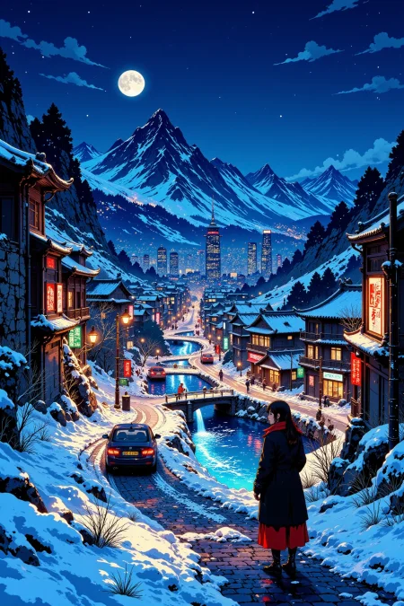 a frozen city beautiful landscape, bright luminous night, woman, very intricate, very detailed, sharp, bright, colorful, <lora:Hand v2:0.5> <lora:Anti-Blur:1><lora:Insane Detail Slider:0.25>  <lora:flux.1_lora_flyway_Epic-detail_v2:0.3> <lora:fluxenhancer:0.25> <lora:ROWER:0.6> <lora:flux-charmer-v1-1:0.4><lora:Vibrantly_Sharp_style_v.5:0.4> <lora:realanime:0.7> <lora:Chinese_Ink:0.3> chinese ink style