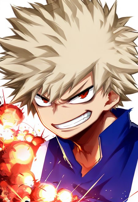 1boy, male focus, red eyes, bakugou katsuki, solo, spiked hair, blonde hair, explosion, white background, smile, looking at viewer, blue shirt, simple background, teeth, shirt, grin, upper body, collared shirt <lora:solaXL_NBVP1_lokr_V6311P:0.95>