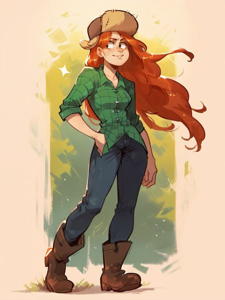 score_9, score_8_up, score_7_up, score_6_up, score_5_up,   <lora:WendyCXLP:1> wendyc, 1girl, solo, long hair, orange hair, hat, shirt, pants, freckles, boots, standing, curvy,