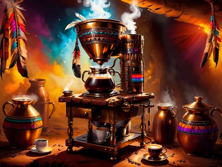 <lora:CulturePunkAI_1Pruned:.9> TotemPunkAI Apache  coffee machine   (Highly detailed, amazing fantasy setting), (Shiny Impressive lighting), (Colorful, Ultra Realistic, High quality, Highly detailed, Sharp focus, 8K UHD, Art photography), (trending on artstation)