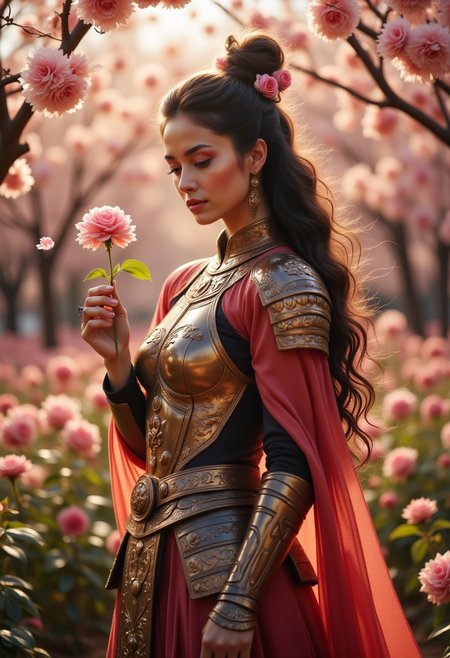 A female ronin in ornate samurai armor stands amidst a field of blooming cherry blossoms. The ronin holds a single rose delicately in her gauntleted hand, gazing down at it with a soft expression. Her long, flowing hair is adorned with small rose petals, carried by a gentle breeze. At her side, a large katana decorated with intricate engravings of roses rests against her leg. The sunlight filters through the petals, casting a warm, golden glow over the scene, enhancing the romantic yet powerful atmosphere.