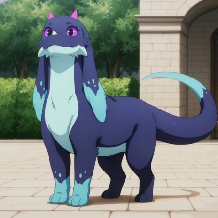 masterpiece, best quality, amazing quality,Feirunespdril, feral, female, earth wyrm, white nose horn, two-tone fur, dark blue fur, light blue fur, long ears, pink horns, purple sclera, black eyes, standing, outside, full body,