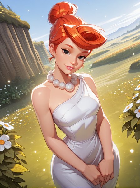 highres, hi res, best quality, masterpiece,
1girl, (WilmaXL:1), orange hair, hair bun, black eyes, dot eyes, necklace, single bare shoulders, white dress, makeup, parted lips, jewelry, pearl necklace, 
light smile, dutch angle, sexy pose, happy, looking at viewer, flowers, vegetation, rocks, leafs, sunlight, sky, hands on dress,  daylight, outdoors, dynamic pose, cowboy shot, head tilt, light particles, from above, portrait, 
<lora:AWilmaFlintstone_character-12:0.75>, narrow waist, wide hips, <lora:AMarvelRivals_style-06:0.9> MarvelRivals,,, semi realistic, cartoon,,,