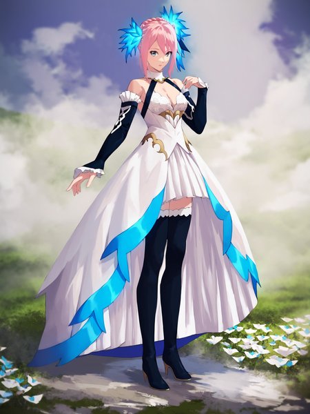 score_9, Score_8_up, Score_7_up, Score_6_up, masterpiece,  best quality, very aesthetic,  <lora:Shionne_V2:1>  15 shionne 01b weddingdress, shionne 01b, pale skin, long hair, (blue eyes), wedding dress 1girl, solo, breasts, 1Girl, hair ornament, thighhighs, dress, bare shoulders, full body, pink hair, braid, detached sleeves, black thighhighss   <lora:detailed_backgrounds_v2:0.6> scenery,