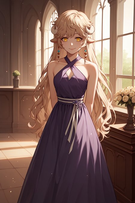 score_9, score_8_up, BREAK, 1girl, solo <lora:NSLaraMaplestory:1> NSLaraMisc, blond hair, yellow eyes, long hair, curled horns, animal ears, hair beads, purple gown, long gown, looking at the viewer, bare shoulders, criss-cross halter, evening, indoors, victorian, slight smile, hands behind back