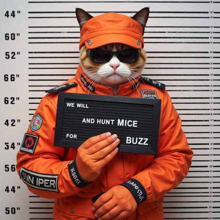 ken mugshot, The image is orange cat with  wearing a iconic orange Grumpy Cat reimagined as a battle-hardened American special forces. the orange cat is holding a black sign with white text that reads "We" on the top  "will" in the middle  and "hunt Mice for BUZZ " on the bottom. The sign also includes the numbers "For" and "Buzz" in white text  with "BUZZ" underlined. The background is a tall  vertical black and white bar graph  indicating height measurements in inches  with the man's height marked at 20 inches. The bars on the graph are evenly spaced  and the numbers on the left side of the graph are black  while the numbers on the right side are white.
