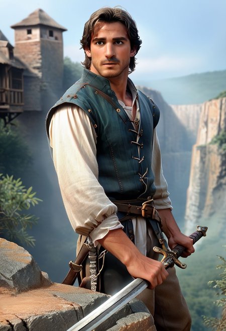 Score_9,  score_8_up,  score_7_up,    FlynnRider, 1man, realistic, holding a sword, village on cliffs in background, manly, ultra realistic, detailed face, male focus,